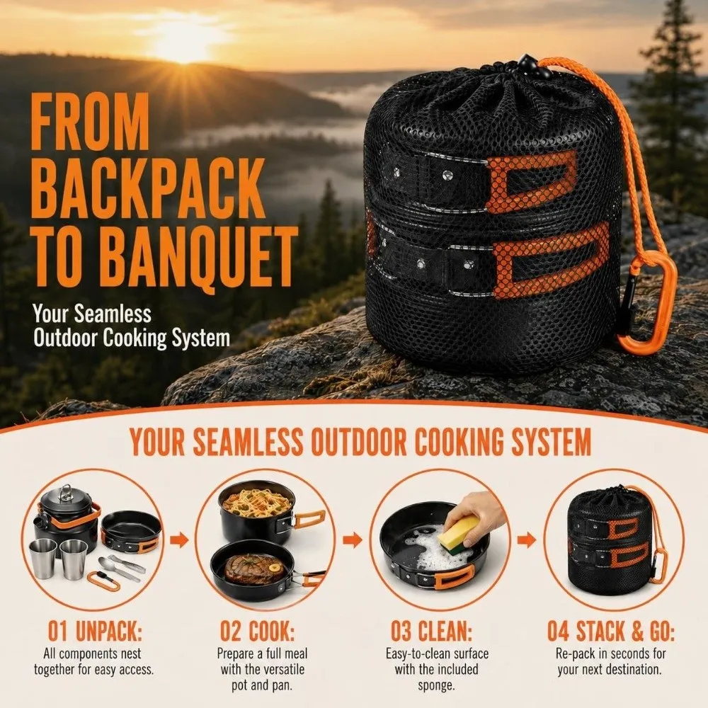 10 Pcs Stackable Cookware Set Compact Aluminum Alloy Cooking Gear Stainless Steel Storage Bag Included Camping Mess Kit Hiking