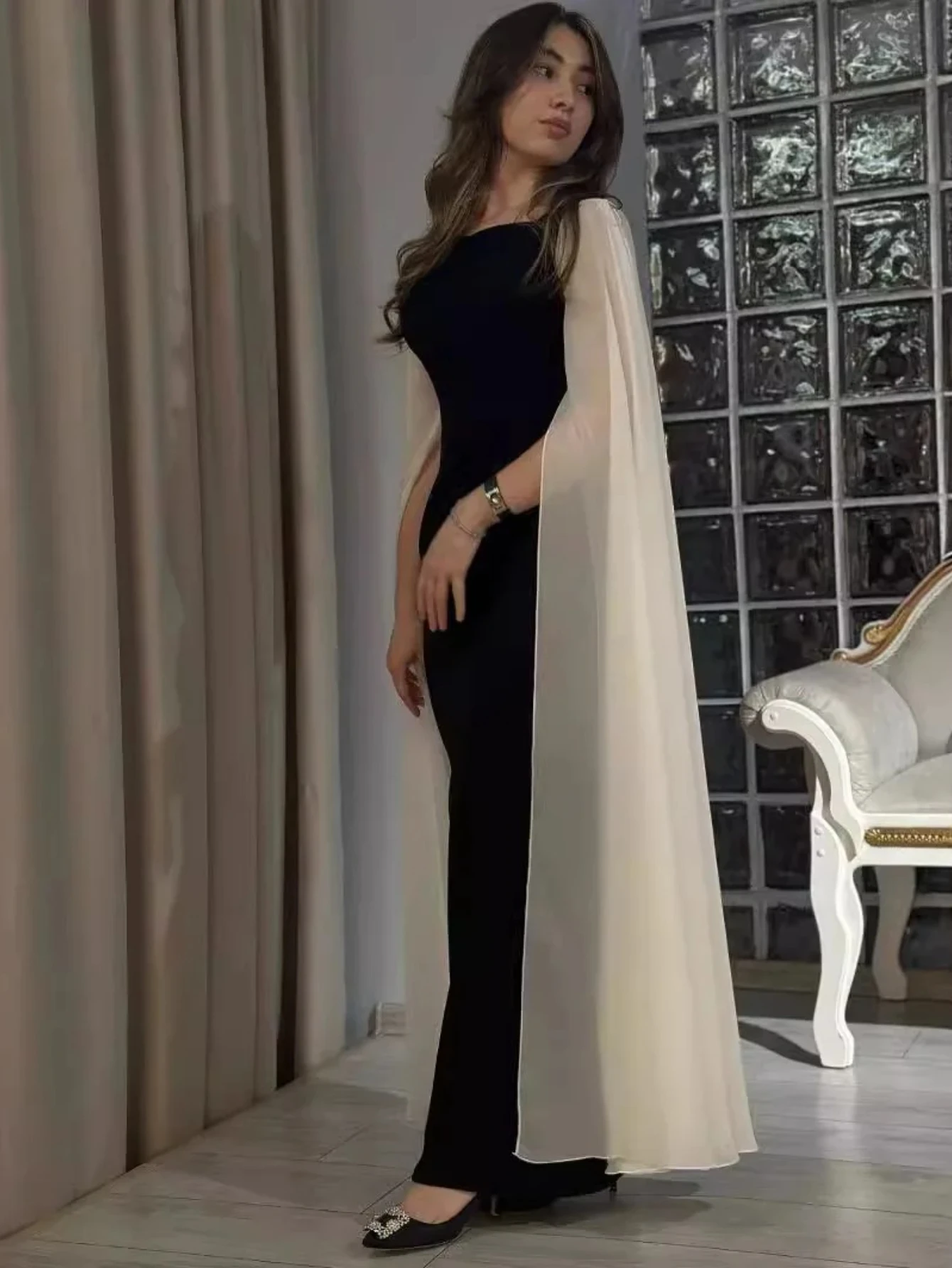 

Элегантное вечернее платье с юбкой русалки цвета шампанского, черное модное танцевальное платье с трубой, нежное вечернее контрастное длинное платье