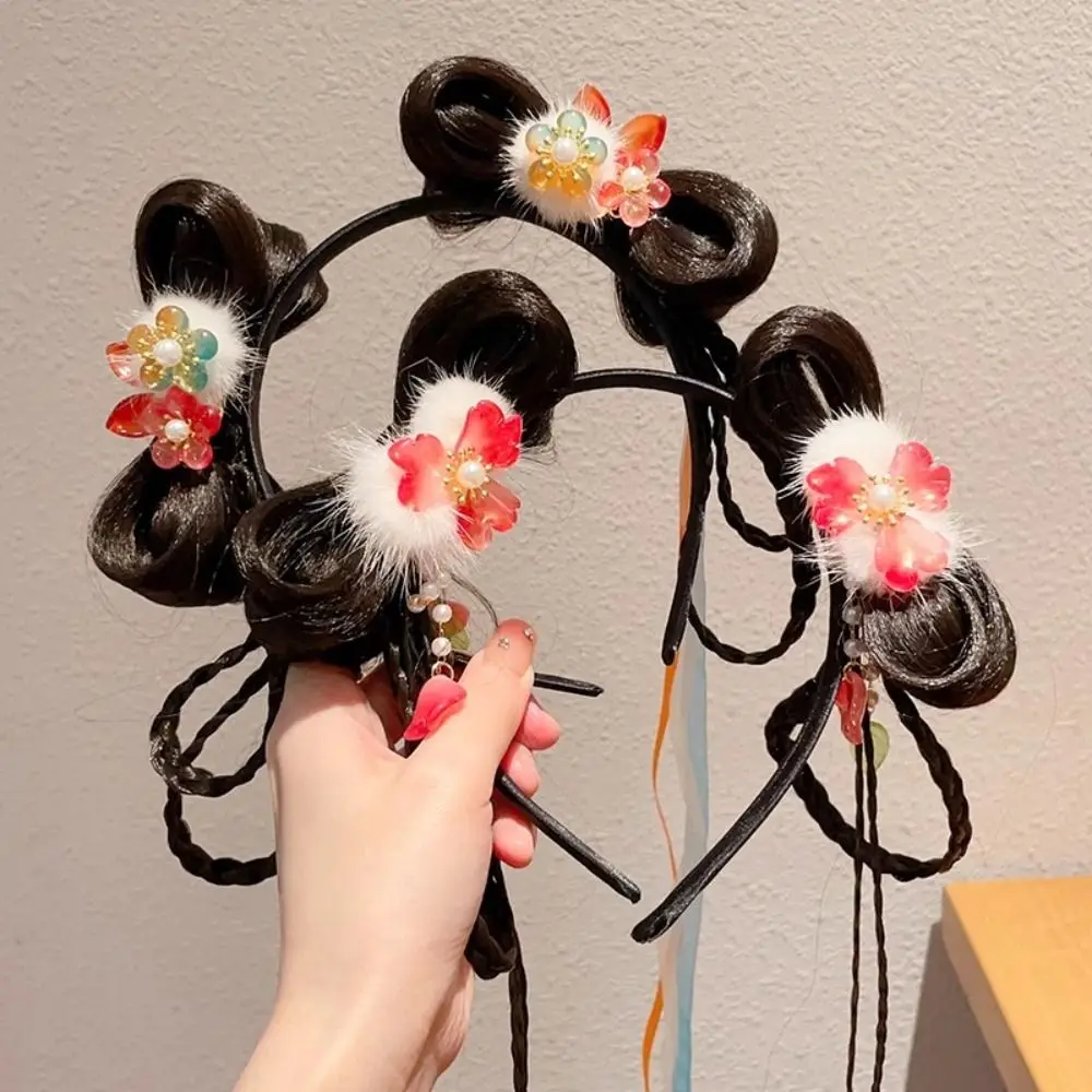 

Flower Children Wig Headband Braid Hair Tang Suit Hair Hoop Chinese New Year Headwear Plush Girl Hair Accessories