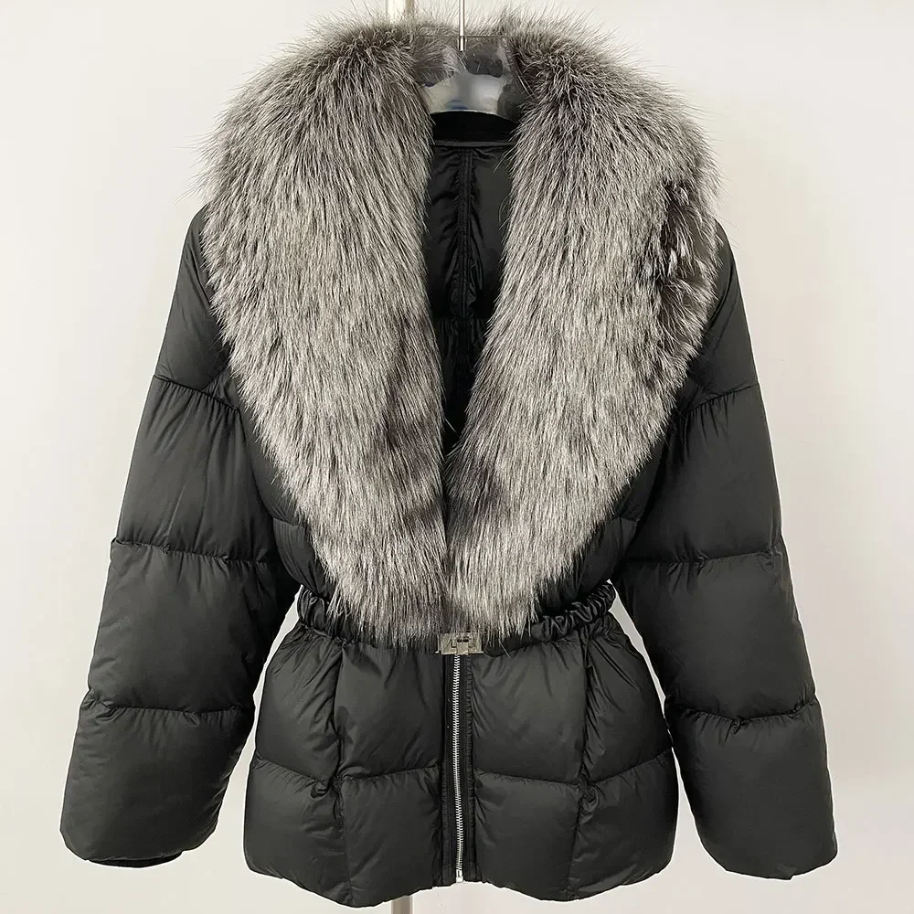 Vero cappotto di pelliccia di volpe naturale caldo piumino d'anatra bianco da donna nuovo grande inverno con lacci in vita soffice Parka piumino allentato 2025
