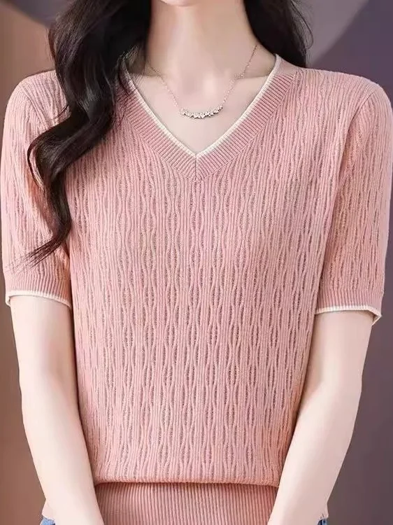 Moederdag Mama Sle ort Sve Ijs Zijde Gebreide Losse Hollow out V-Ne T-shirt vrouwen Zomer Nieuwe Faion Casual top