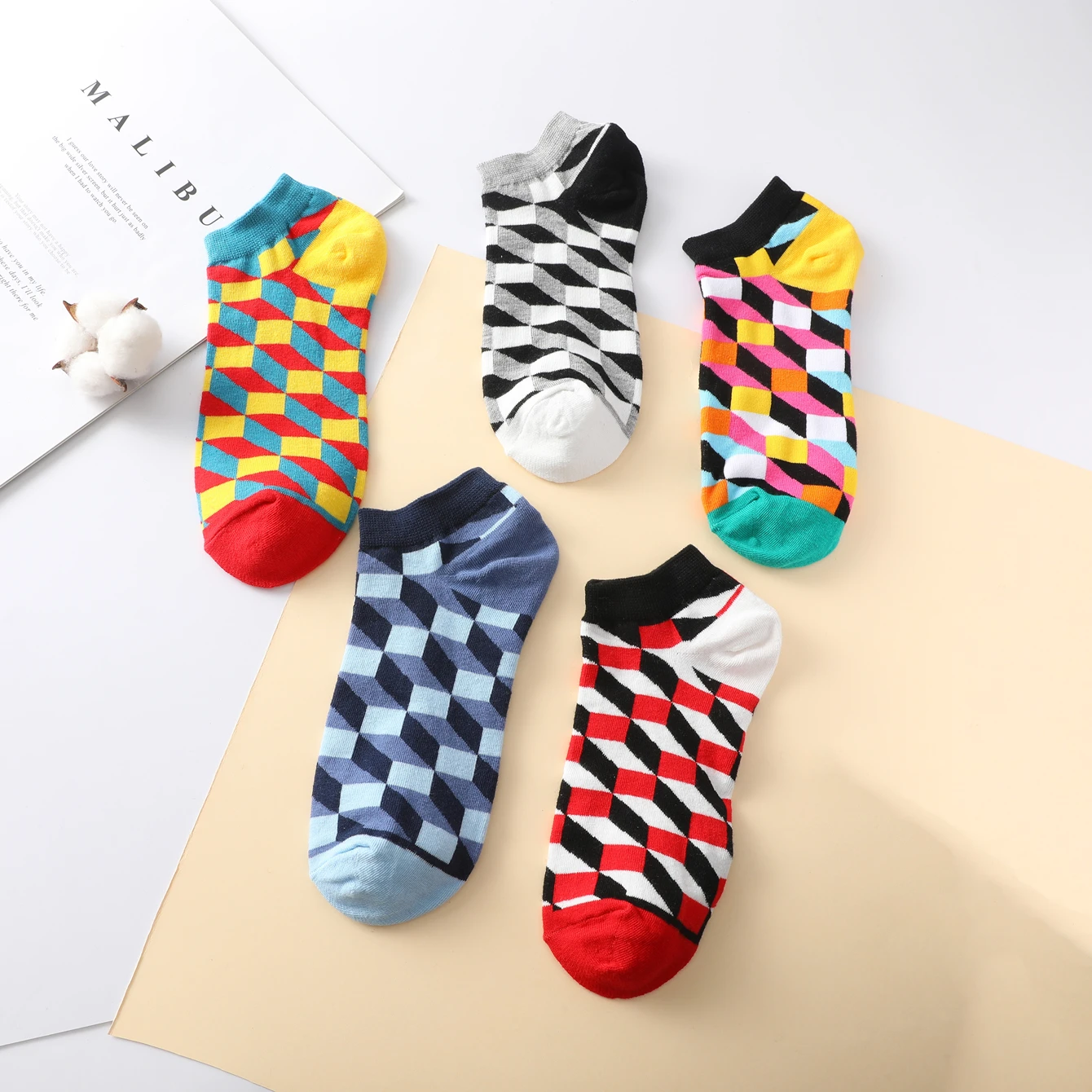 5 Pairs/Pack Men Spring Summer Thin Breathable Cotton Ankle Socks Geometry Pattern Fashion Casual Short Socks