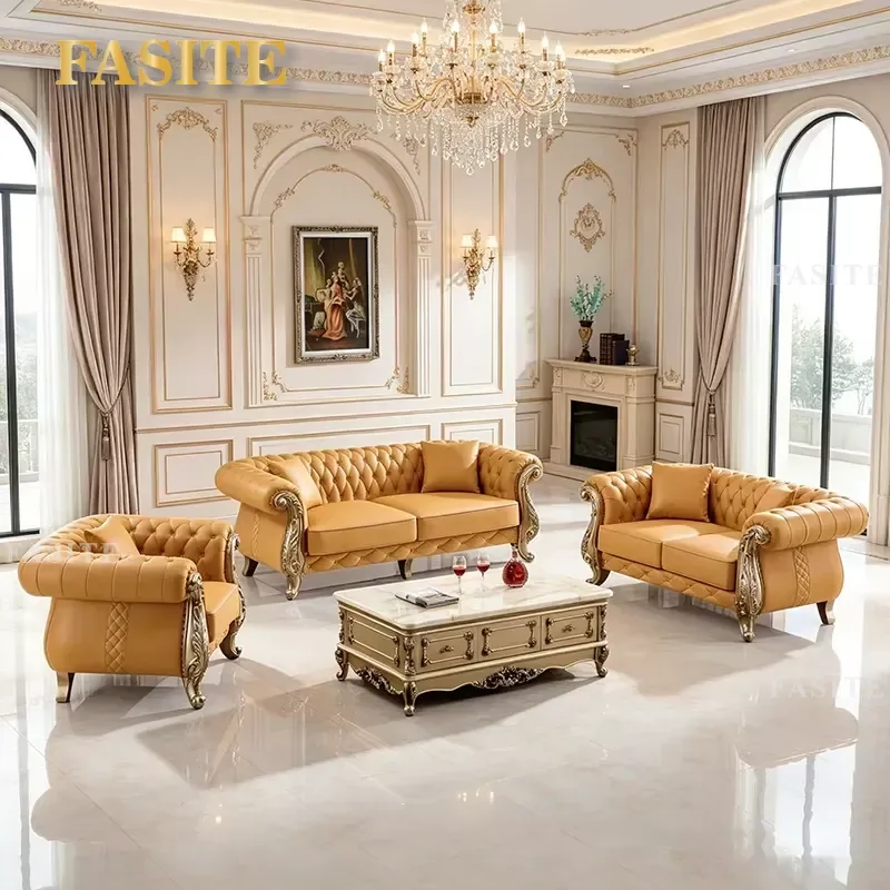 For European Style Living Room Royal Classic Gold Luxury Solid Wood Carved Antique Fabric Sectional Sofa Set