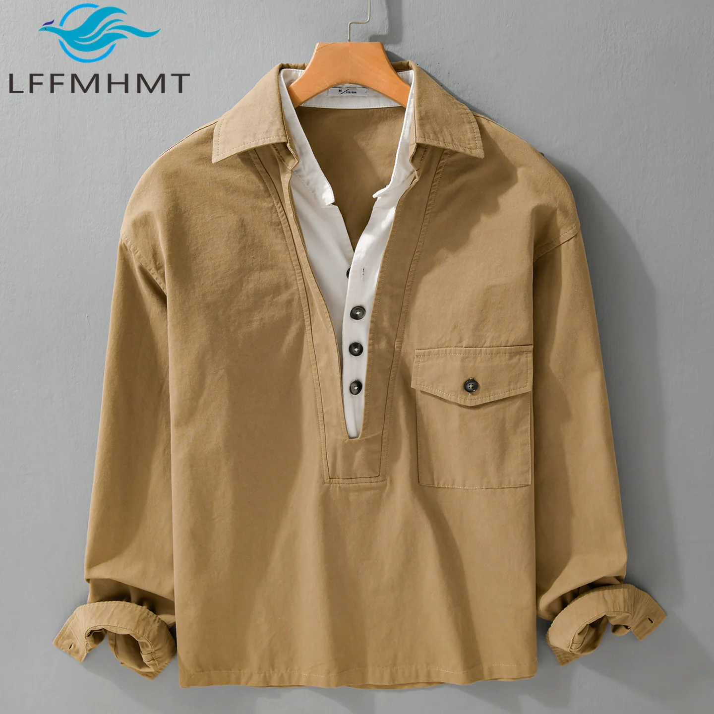 

Мужская рубашка в стиле Old Money с эффектом двухслойности, V-образным вырезом и длинным рукавом, весна-осень, модная уличная одежда, свободный крой, трендовый топ, модель 6195