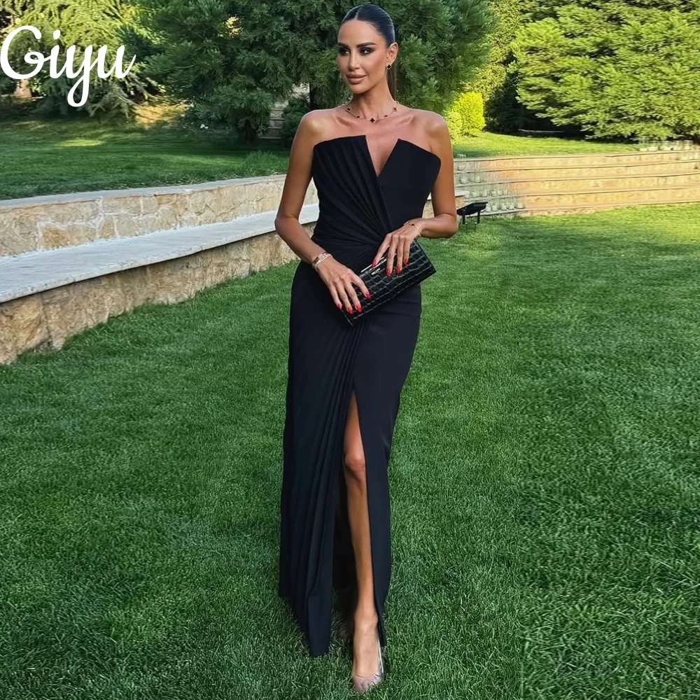 

Giyu Elegant Black Crepe Evening Dresses Sheath Sleeveless Ruched Floor Length Wedding Guest Dress Prom Dresses Customsied 2025
