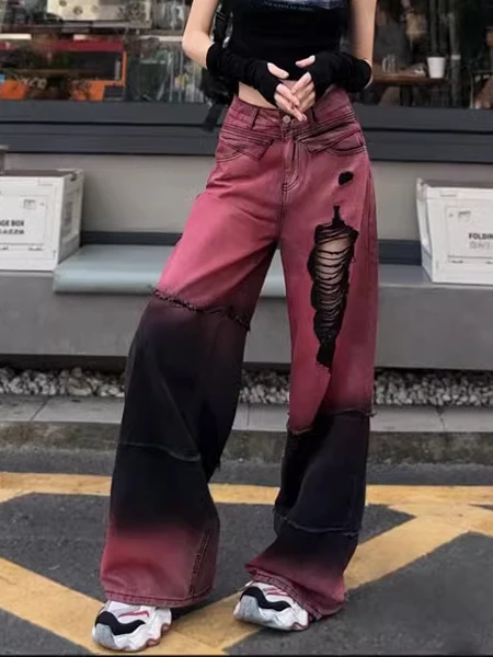 

Retro American Sle adient Color Blo Tie Dye Hole Denim Pants High Waist Wide Leg Casual Straight Cut Autumn New Arrival