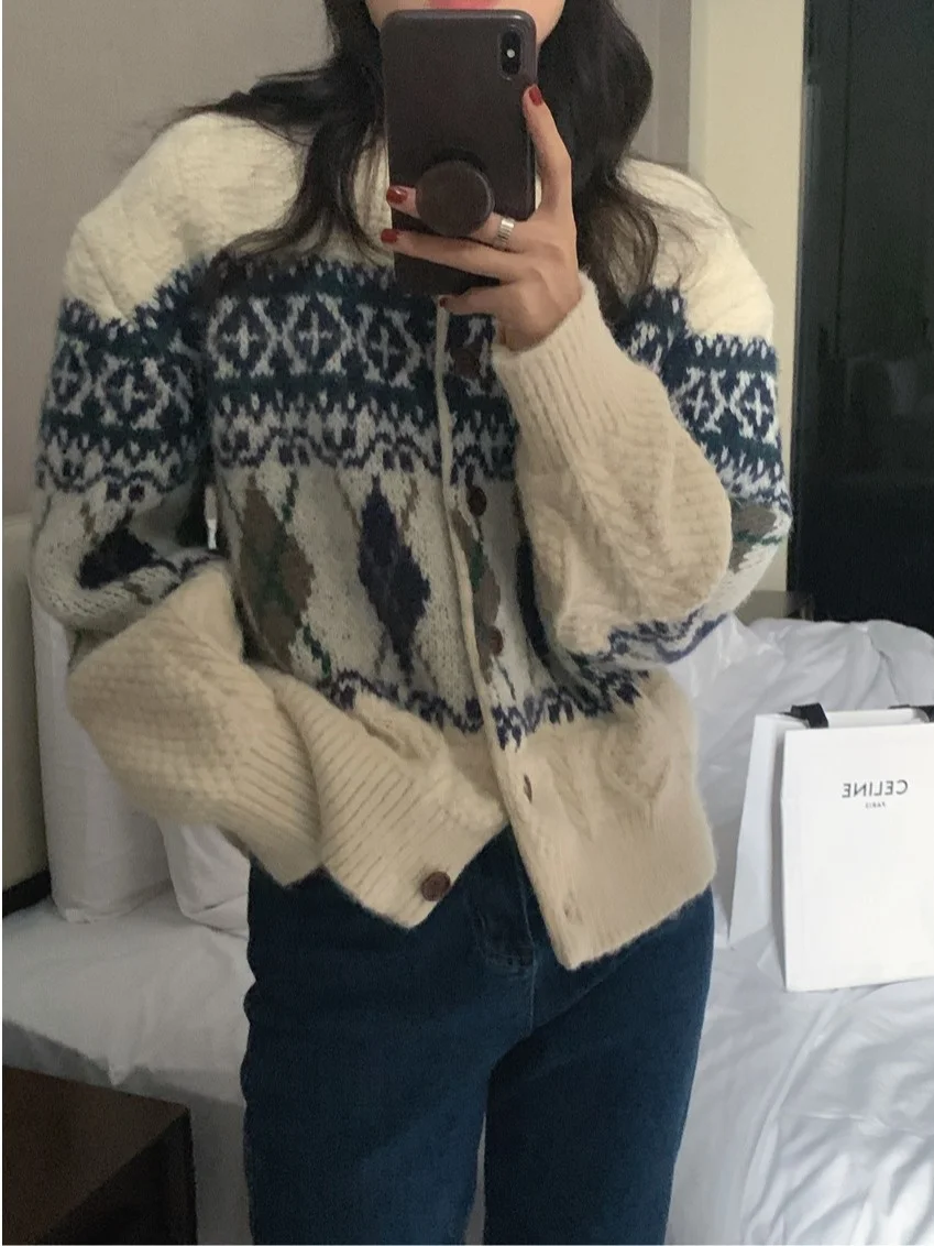 

Retro Nordic Thiened Knitted round Ne Open Cardigan Women's Autumn Winter Ele Agel Fair Isle Sweater Jaet