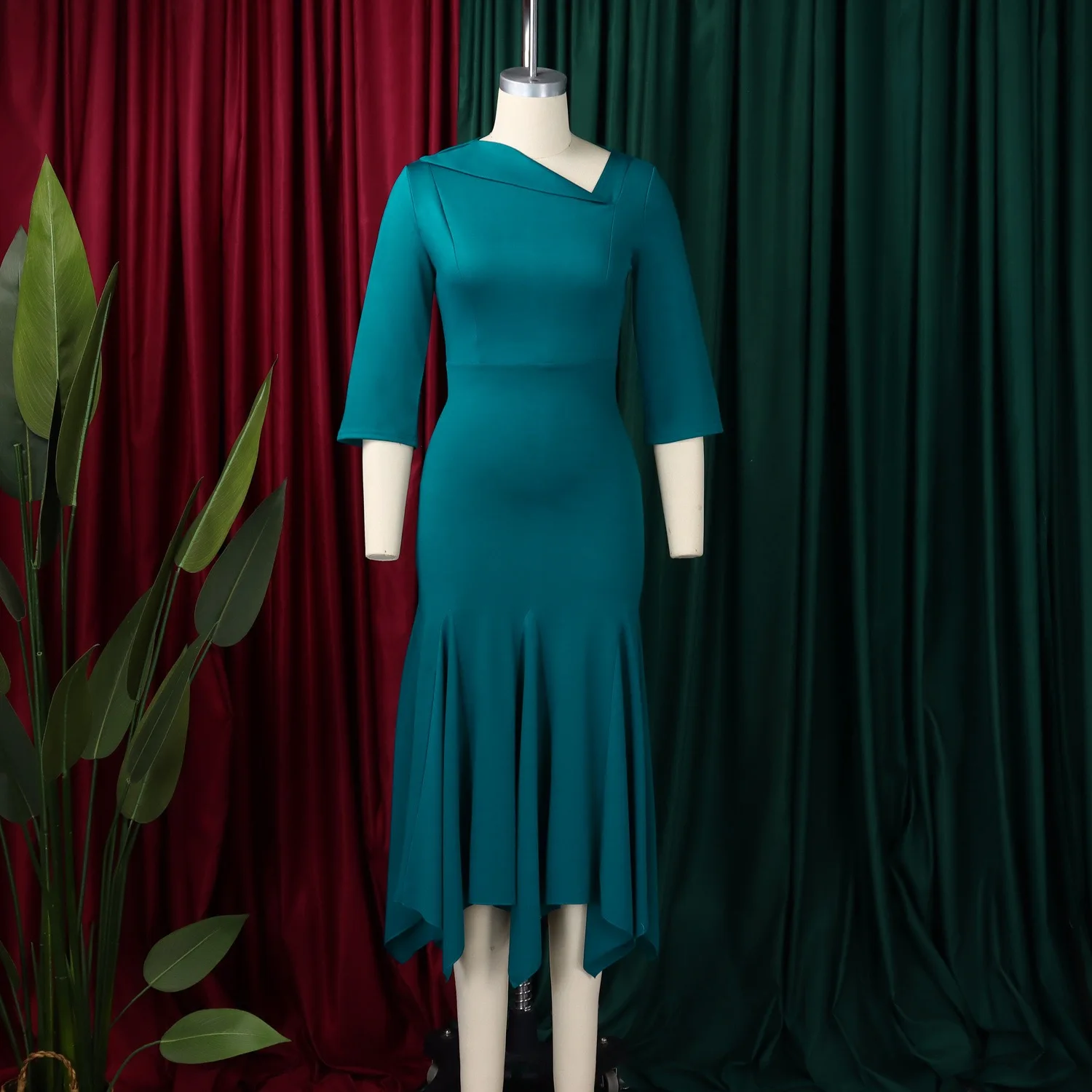 Vestidos de fiesta elegantes para mujer, cuello oblicuo, manga larga, sólido alto, cintura, sirena, media pantorrilla, vestido de fiesta de cumpleaños femenino de lujo