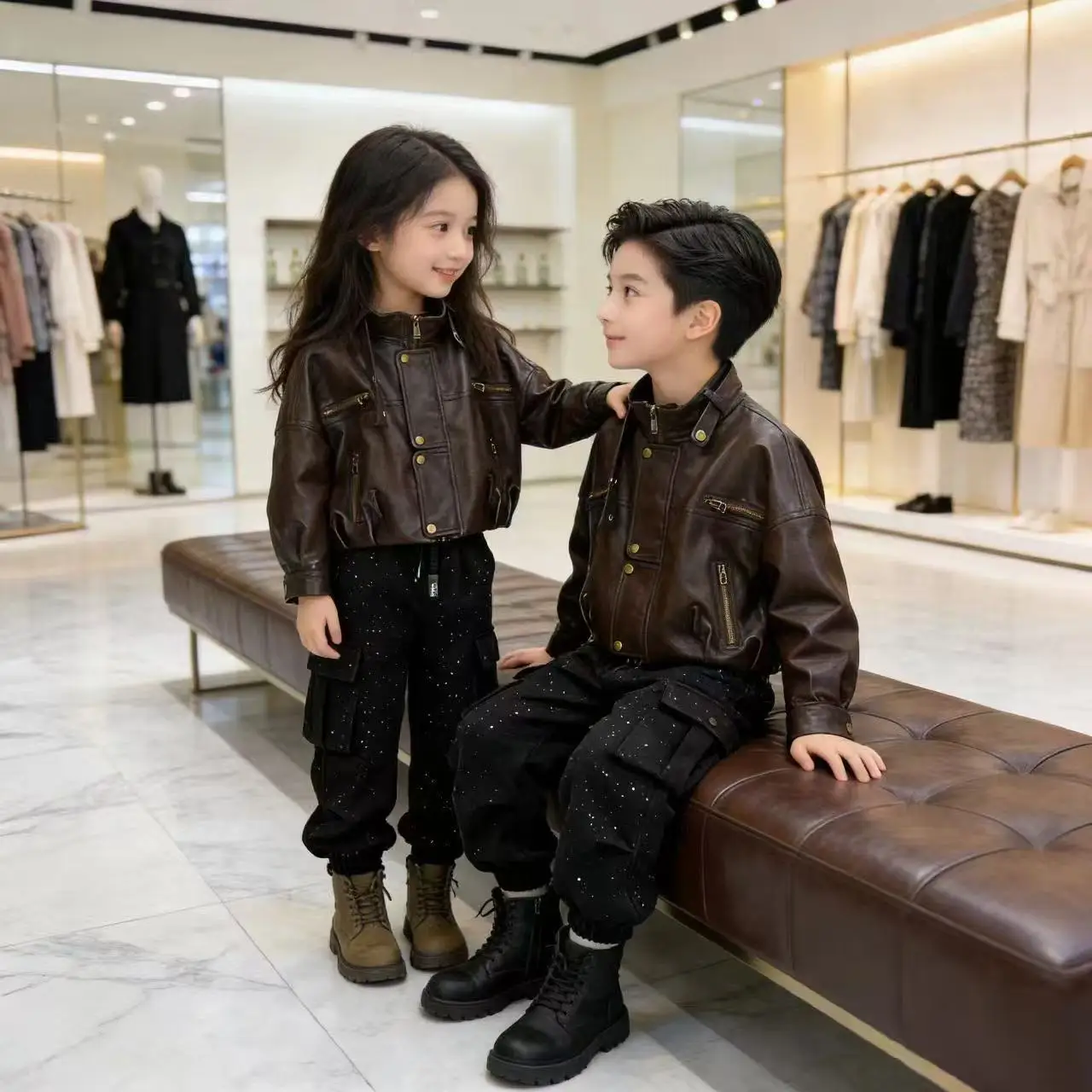 Kids Boys Girls Spring Autumn 2‑Pcs Set Korean Faux Leather Jacket Rhinestone Cargo Pants Trendy Outfit