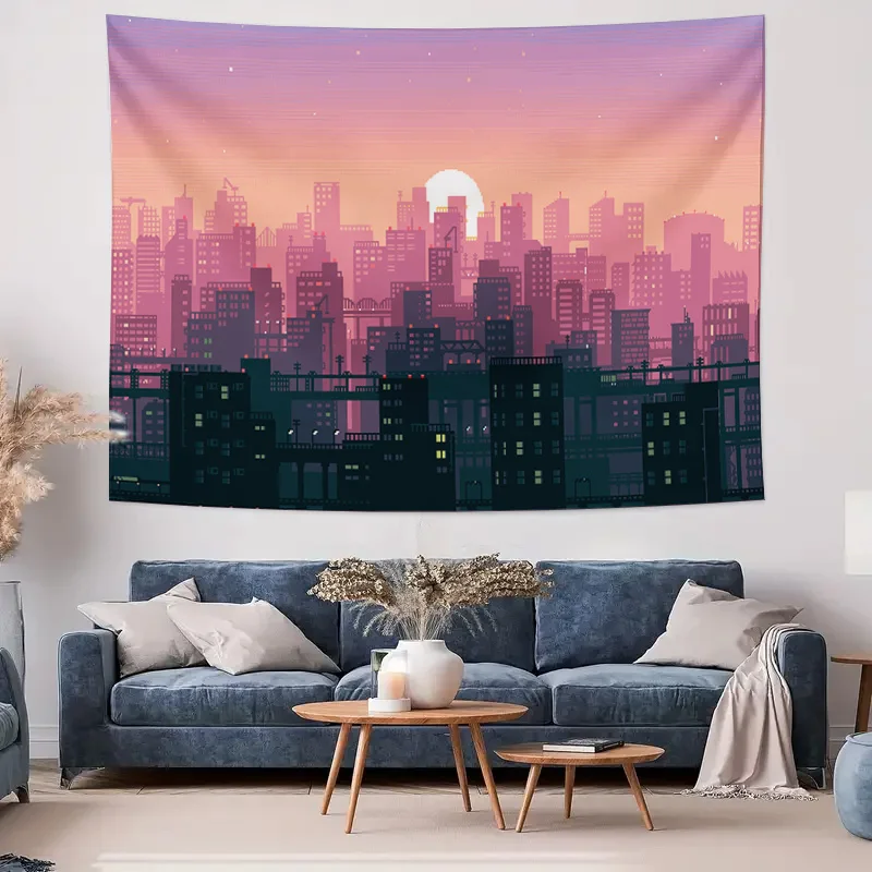 Urban Sunset Cityscape Tapestry – Modern Skyline Wall Hanging Art for Bedroom Living Room, Contemporary Building Design Decor