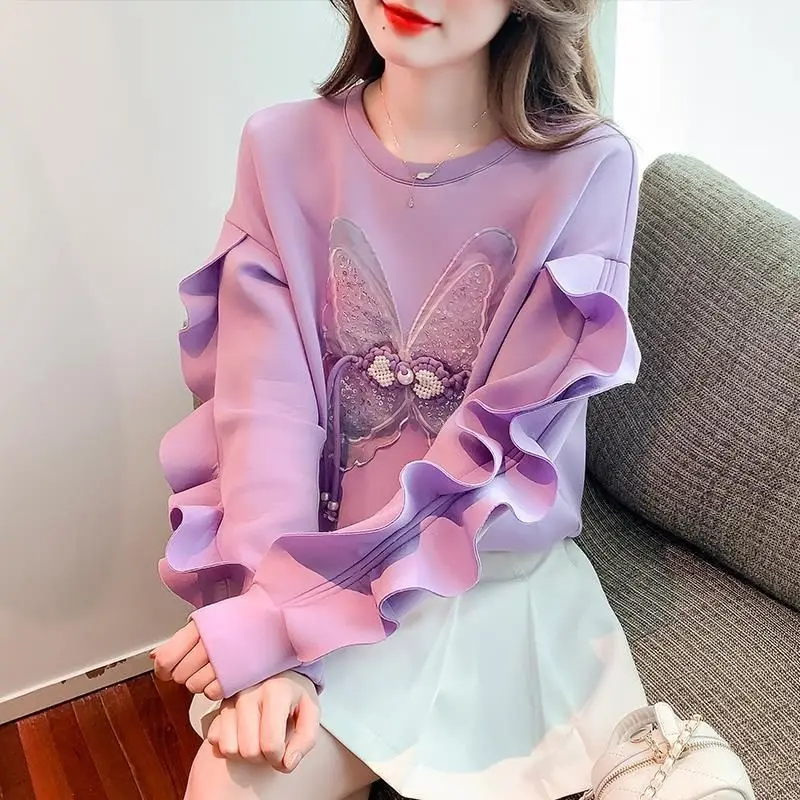 

2023 New Spring and Autumn Fashion Butterfly 3D Decoration Age Reducing Loose Casual Wood Ear Edge Panel Versatile Sweater