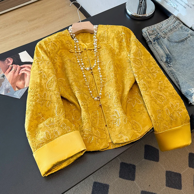 New Chinese Style Eastern Ancient Carved Embroidery Long Sleeve Small round Neck Women's Jacket Loose Fit Polyester 