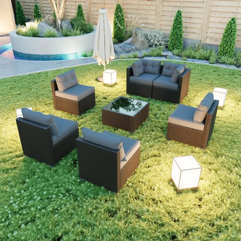 7 Pieces Patio Sofa Set Outdoor Furniture Sectional All-Weather Wicker Rattan Sofas with Back Cushions, 7 PieceSofa