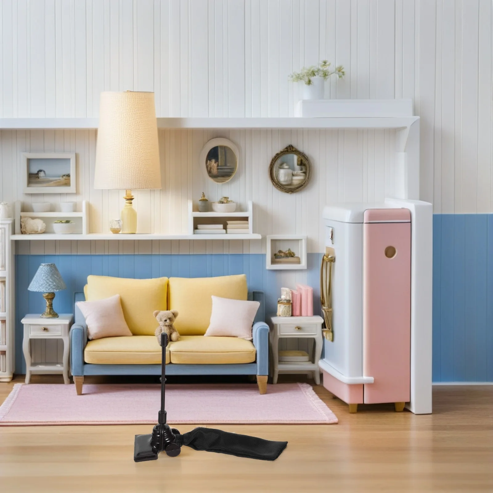 مكنسة كهربائية مصغرة بمقياس 1:12، تصميم قماش حديد مدمج لملحقات بيت الدمى، مجموعة تنظيف صغيرة للأطفال #6