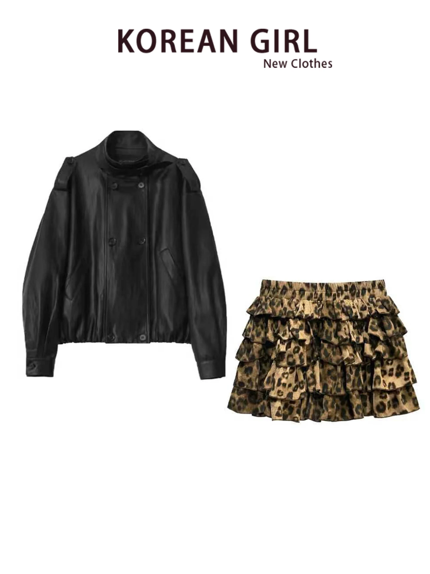 Early Autumn Black Bud Leather Jacket Women's 2026 New High-End Sensation Jacket Leopard Print Skirt Two-Piece Set