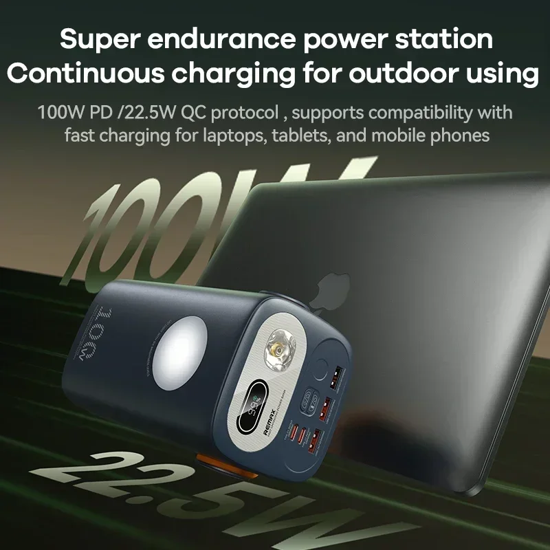 REMAX 60000mAh Outdoor Power Bank Super Fast Charging For MacBook Laptop Tablet Phone 100W High Capacity PowerBank Camping Light