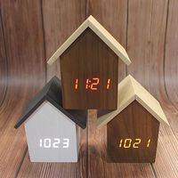 Mini Wooden House Style Digital Alarm Clock, LED Display Clock, Sound Activated, Automatic Brightness Adjustment, Temperature