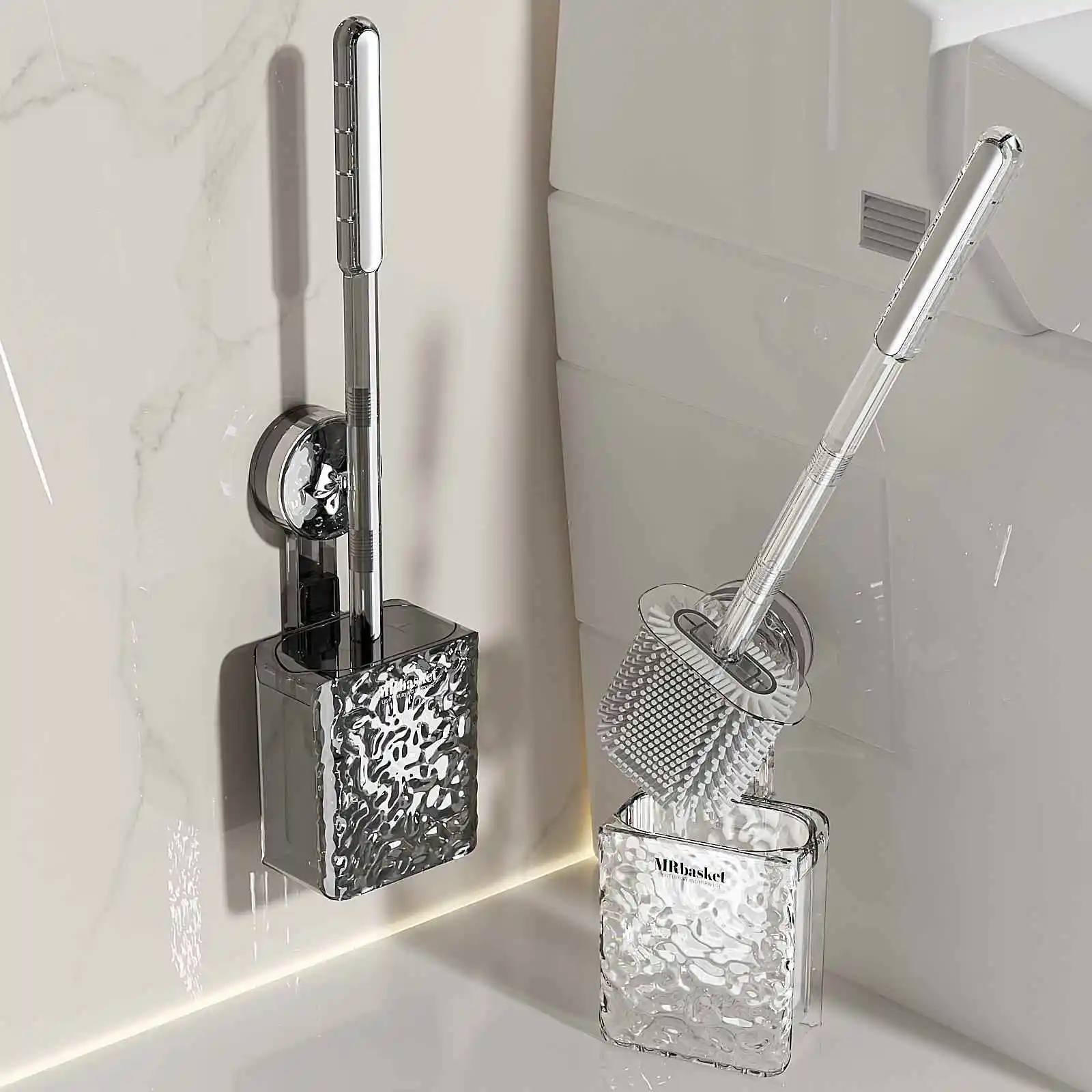 吸盤式トイレブラシ-シリコン製壁掛けロングハンドル洗浄ブラシ-浴室家庭用-死角なし-新型2026年モデル