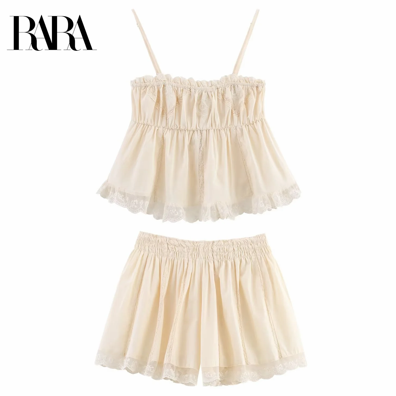 

RARA Women's Summer New Lace Trimmed Sweet Short Embroidered Camisole Top and Lace Trimmed Casual Shorts