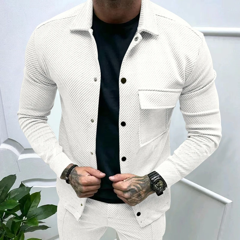 Autumn casual men\'s heavyweight twill lapel long sleeved top with single breasted solid color slim fit jacket