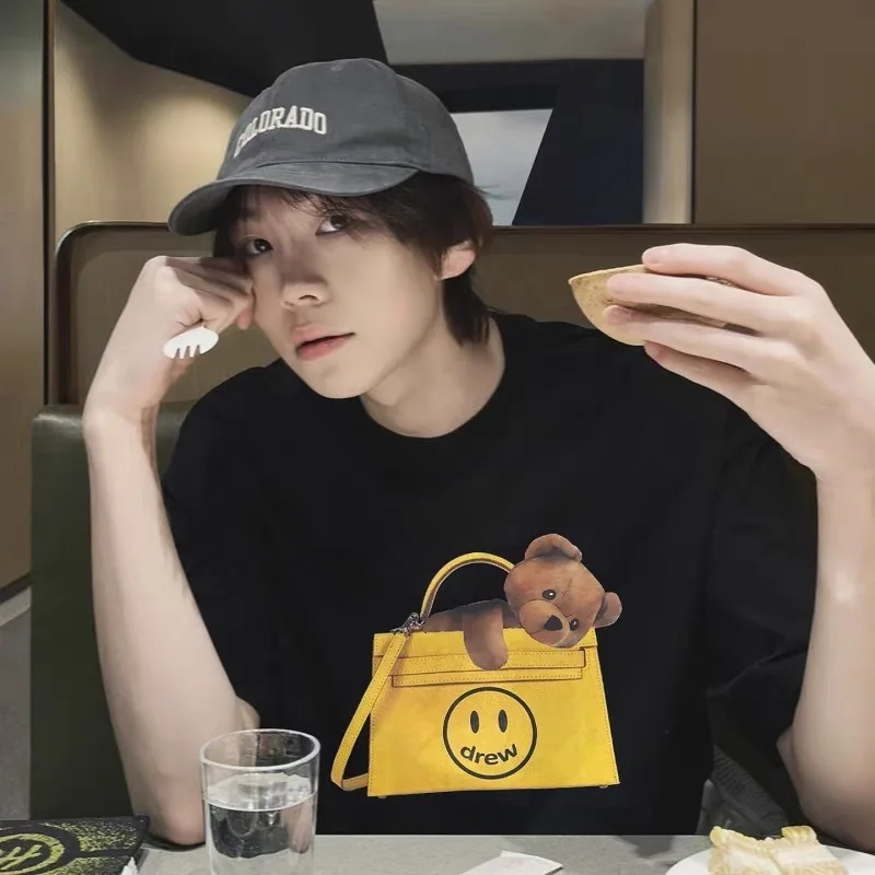 درو هاوس جودة عالية وجه مبتسم قصير الأكمام الصيف وصول جديد لطيف طباعة استرخاء صالح نمط Preppy تي شيرت الموضة