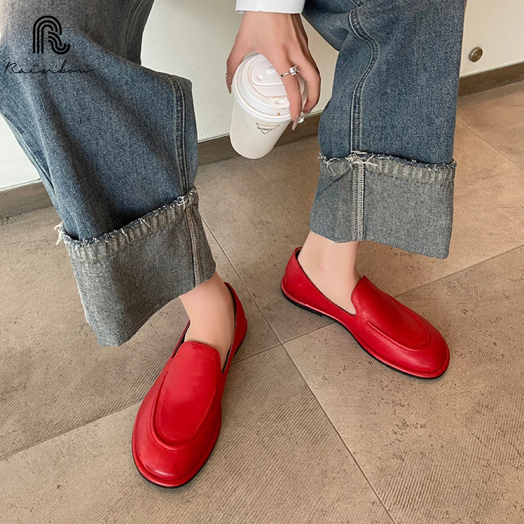 

RAINBOW Size 33-40 Women Flats Loafers Soft Genuine Leather Low Heels Shoes 2025 Ins Casual Slip On Daily Office Lady Dress