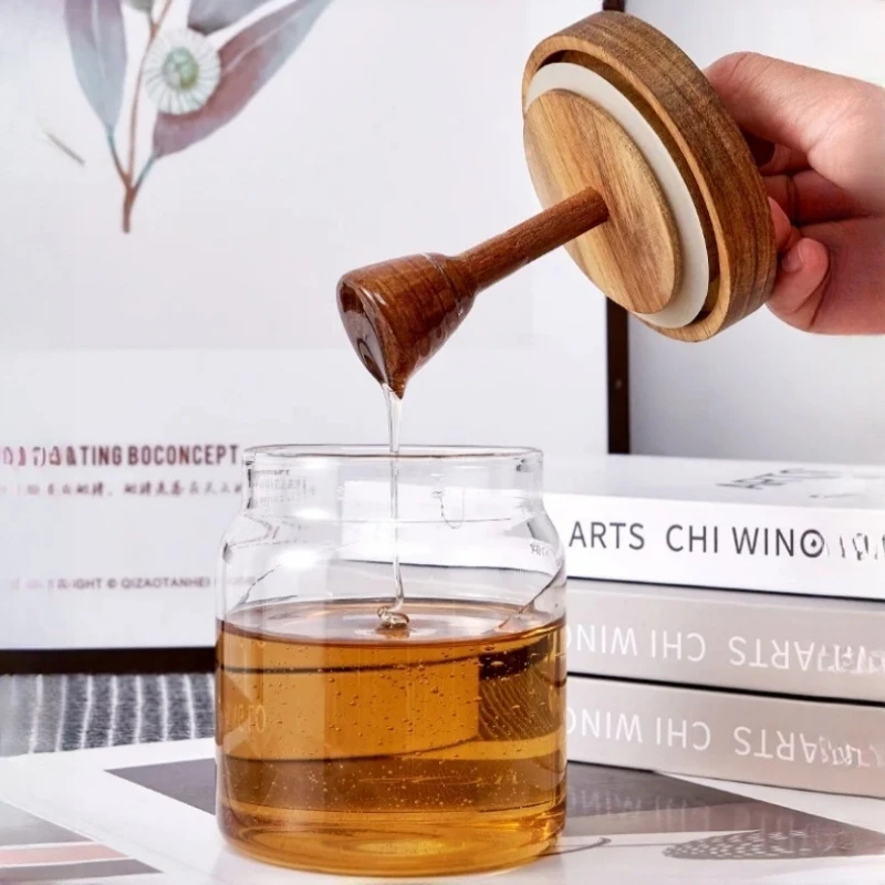 500ML High Borosilicate Glass Sealed Tank Honey Jar with Wooden Lid Mixing Rod Wood Dip Sticks Transparent Home Sealed Jars