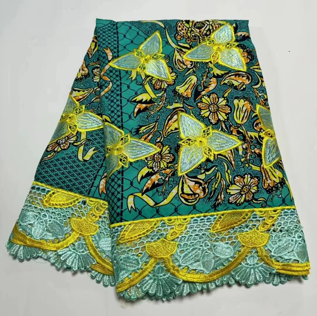 Latest African Wax Fabric With Embroidery Cord Guipure Lace Ankara Fabric 6Yards African Green Color Fabric For Party Dress A02