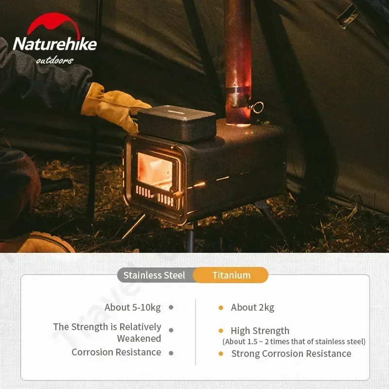 Naturehike Folding Firewood Stove Pure Titanium Furnace Ultralight Portable Winter Grill Chimney Outdoor Heating 2kg 2M Burners