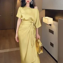 Women's Gold Sashes Asymmetrical Satin Maxi Prom Dresses 2024 Summer Fashion Office Lady Long Formal Cocktail Dresses for Women