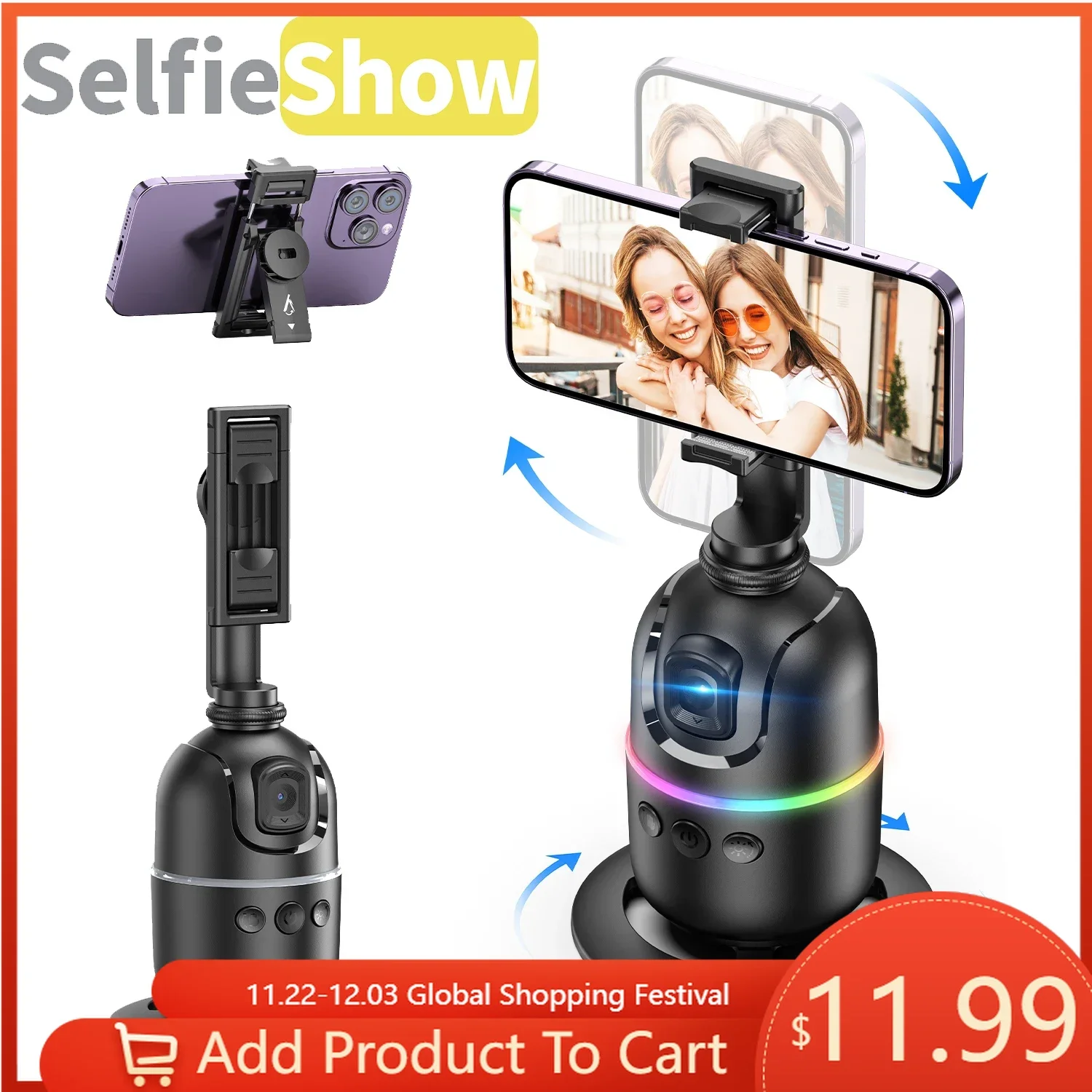 Selfieshow P03 Stabilizer 360°Auto Face Tracking AI Gimbal All-in-one Desktop Phone Holder Tripod For Smartphone Video Vlog Live