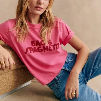 프랑스어 빈티지 스타일 여성 편지 인쇄 T 셔츠 여름 짧은 소매 느슨한 코튼 캐주얼 탑 80's 90's Ins 패션 티셔츠