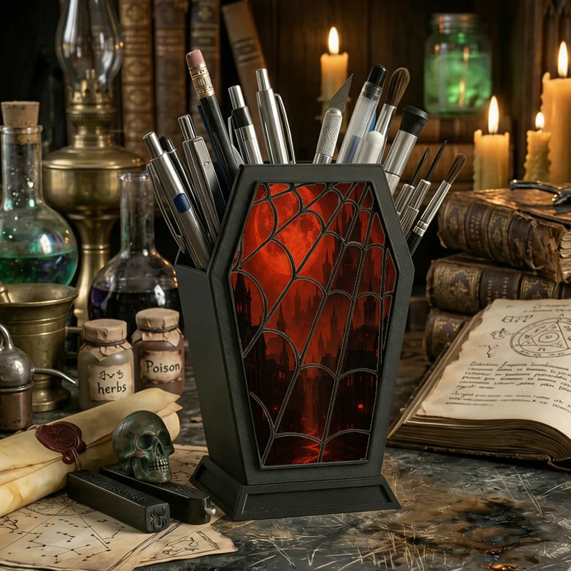 Gothic Coffin Pen Holder Red Blood Moon Vampire Castle Print Desktop Organizer, Spider Web Pattern Stationery Storage Box for Pe