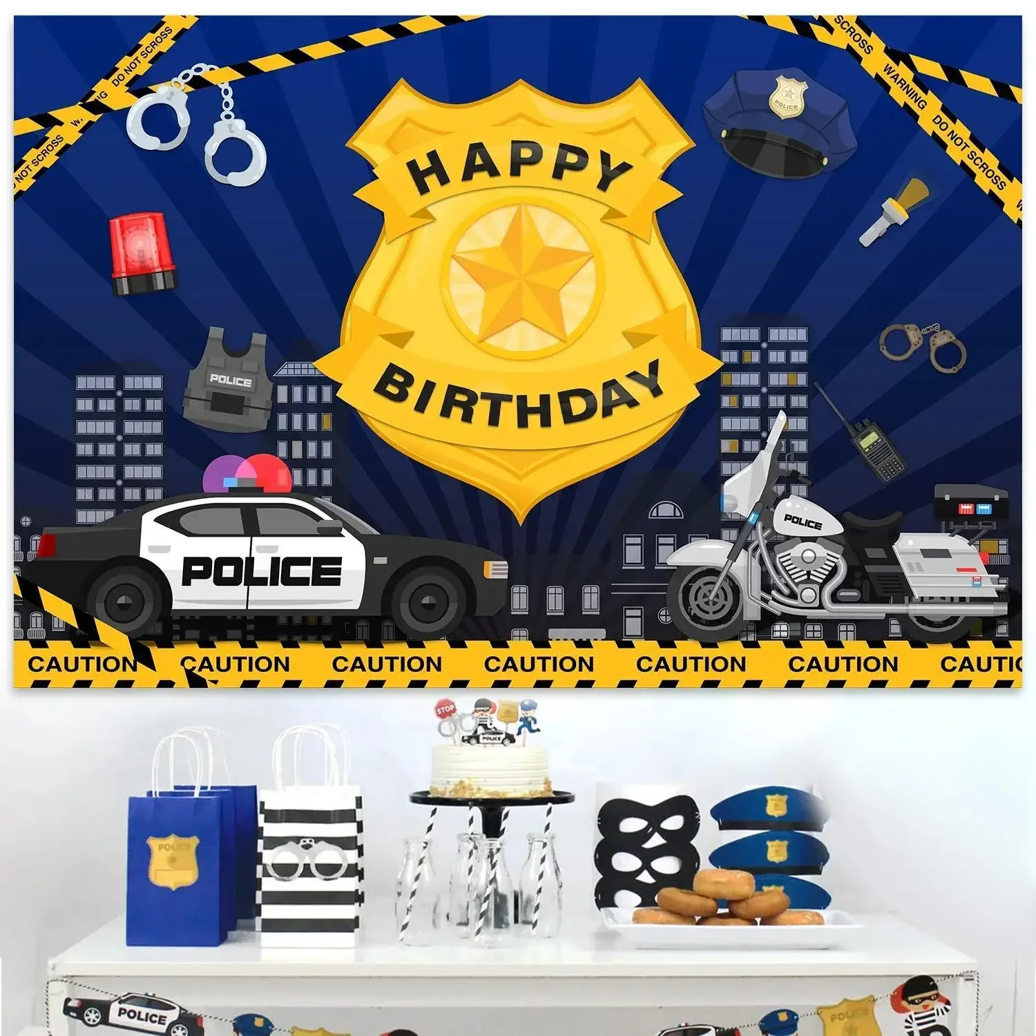 Police theme birthday party background props, black, blue, yellow, police car banner, background cloth