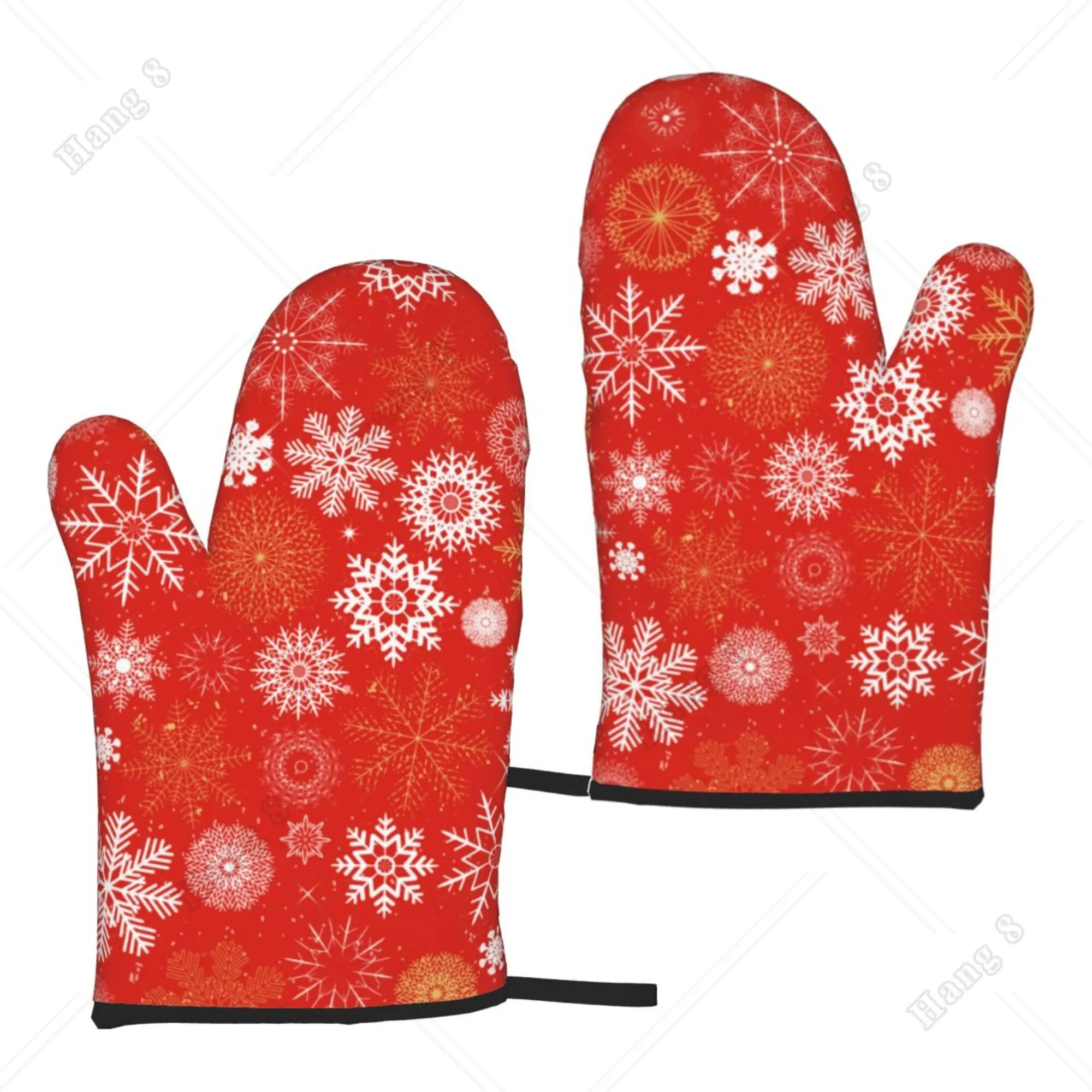 

Red and Golden Snowflakes Oven Gloves 2pc Men Women Kitchen Cooking Accessories Prevent Heat Holder One Size Bbq Polyester