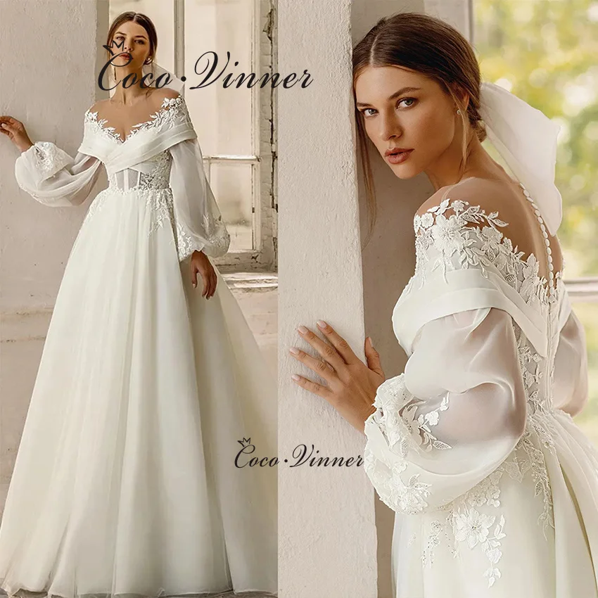 

Простые свадебные платья с открытыми плечами и рукавами-фонариками по индивидуальному заказу для женщин, свадебное платье из органзы с прозрачным вырезом и V-образным вырезом W1349