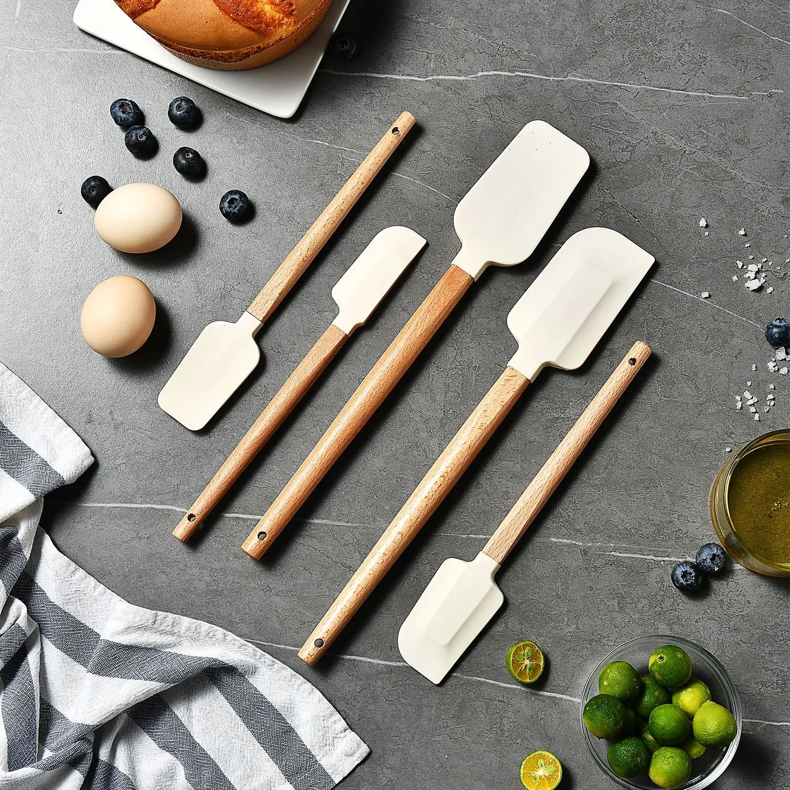 Silikon-Schaber, Schaber für Zuhause, Backen, Holzgriff, Kuchenschaber, cremefarbenes kleines Spatel-Set – Detail 2