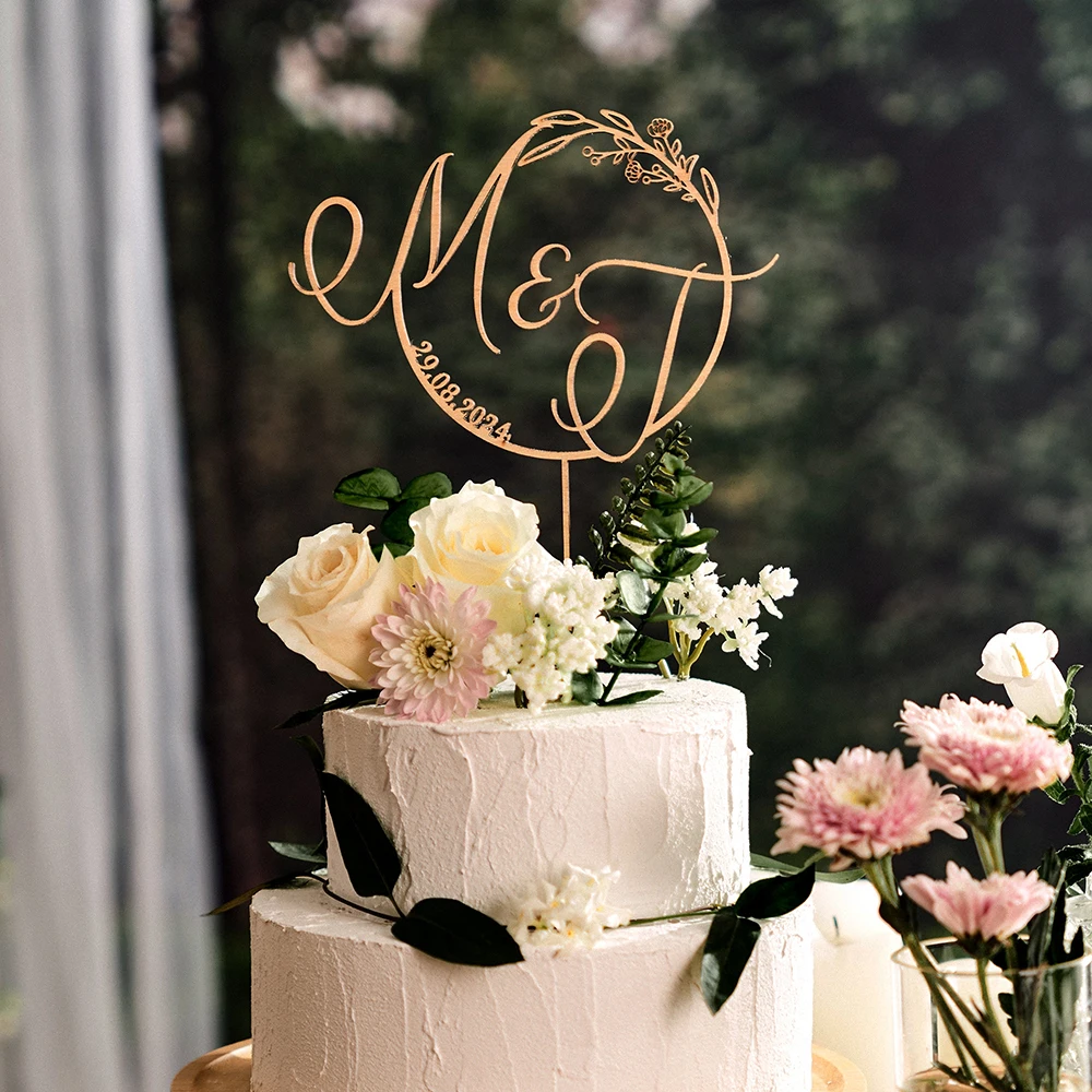 Custom Initial Wedding Cake Topper Personalized Pastoral Wood Cake Toppers Rustic Anniversary Monogram Gold Acrylic Cake Topper