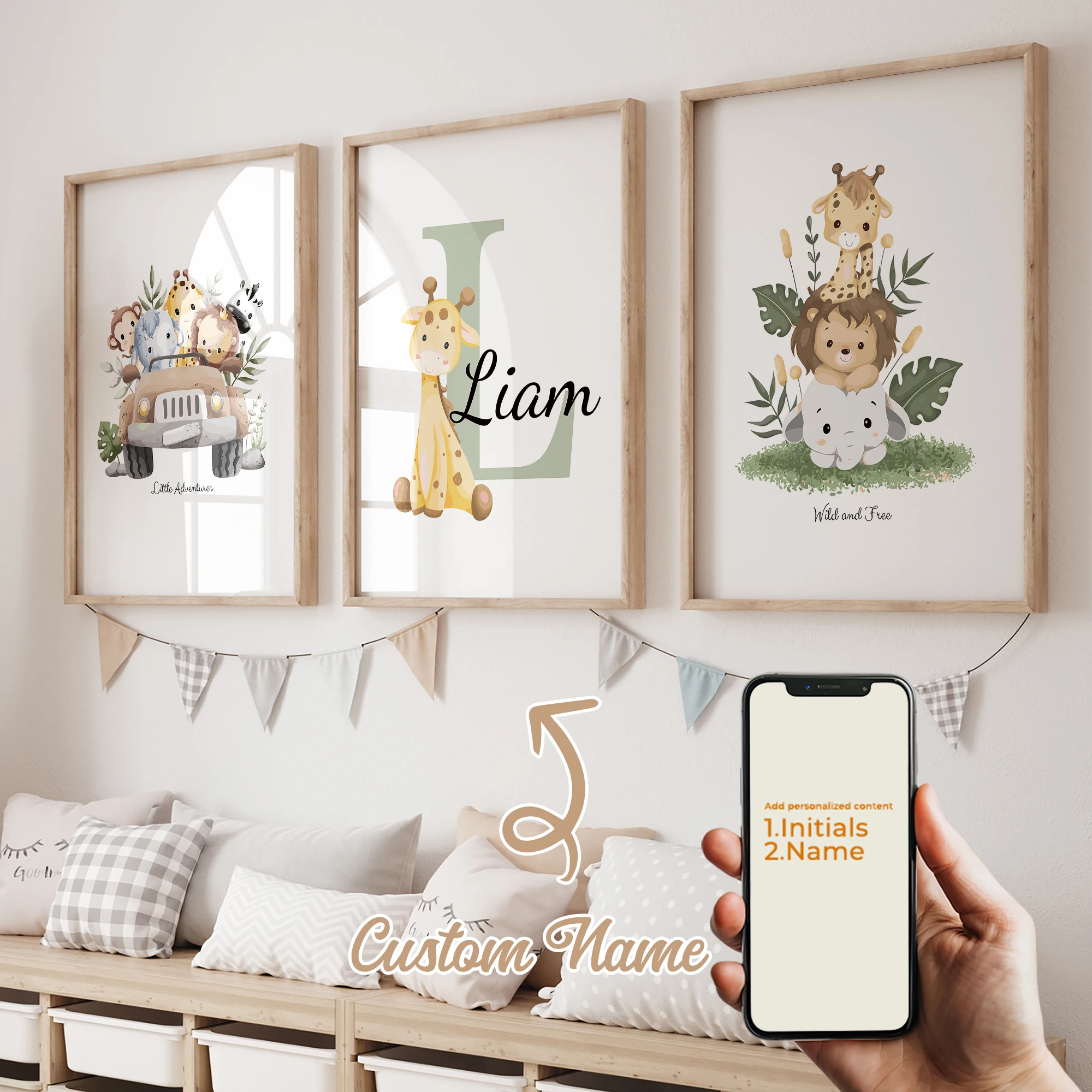 3-teiliges Personalisiertes Wandbild mit Individuellem Namen und Giraffen-Motiv, Leinwanddruck, Poster, Gemälde für Wohnzimmer-Dekoration