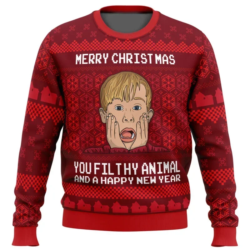 Outono e inverno feliz natal casa sozinho feio camisola de natal dos desenhos animados anime feminino masculino pulôver topos moletom com capuz