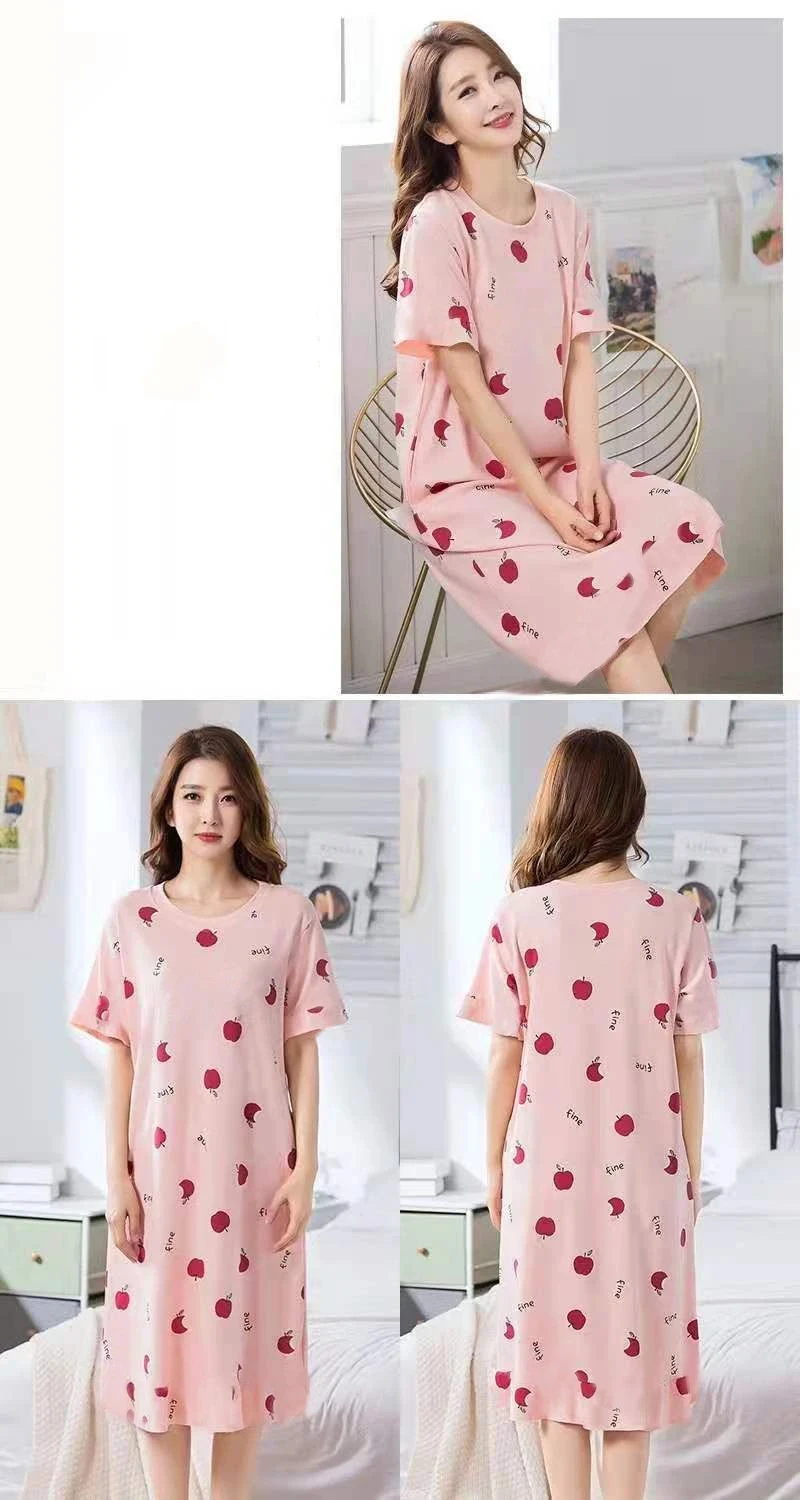 Fashion Summer Short Sleeve Ice Silk Pajama Dress Korean Style Home Dress Plus Size Dress 3D Printed Women's Knee Length Skirt