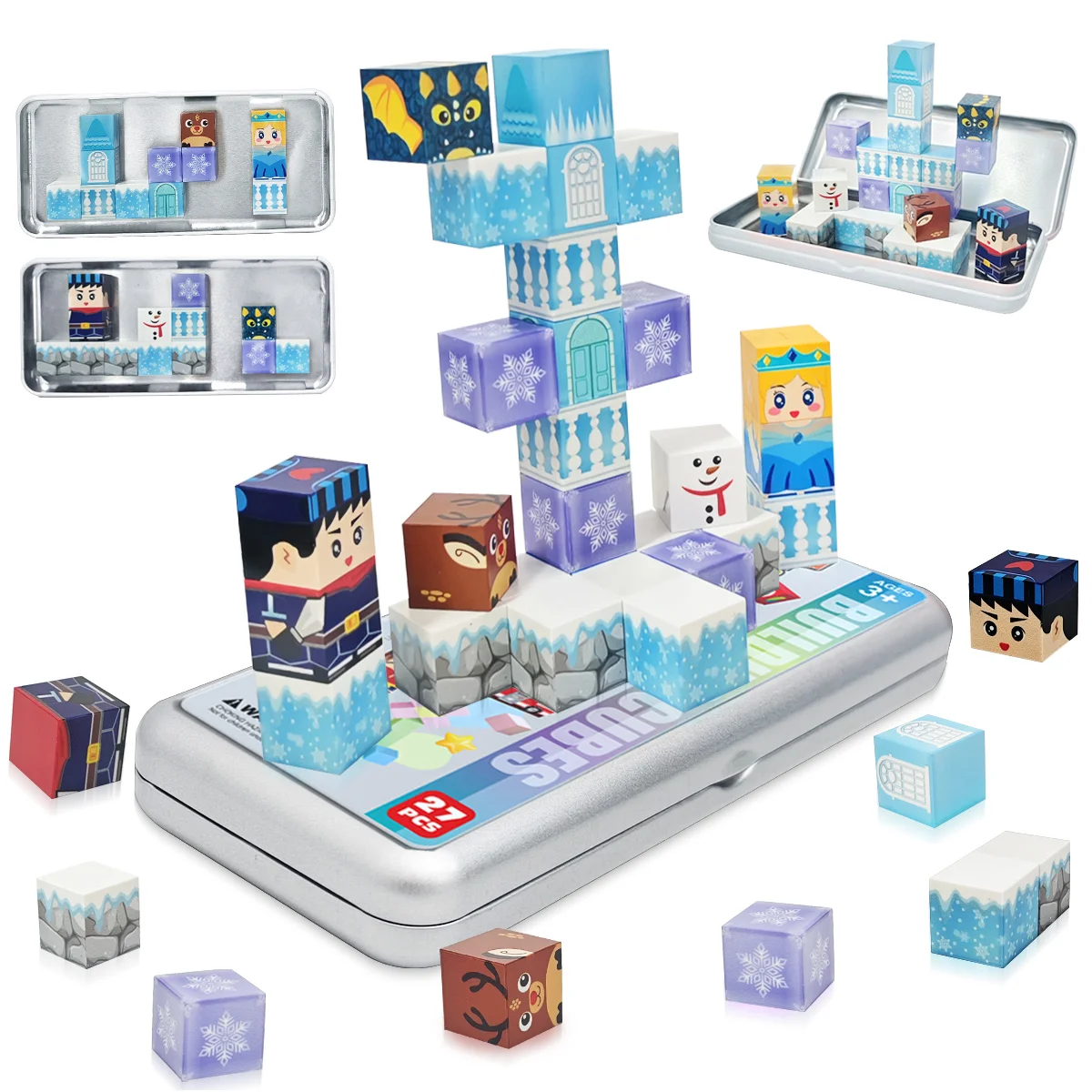 Conjunto de blocos magnéticos de caixa de ferro infantil, brinquedos magnéticos de empilhamento de castelo de gelo e neve, brinquedos de construção gratuitos, brinquedos de quebra-cabeça infantis