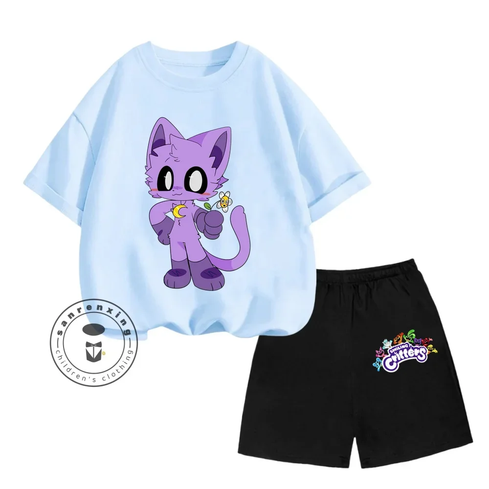 Smiling Critters Q-Edition Cartoon Character Print Design O-neck Affordable Short Sleeves and Cool Shorts Summer Children Suit