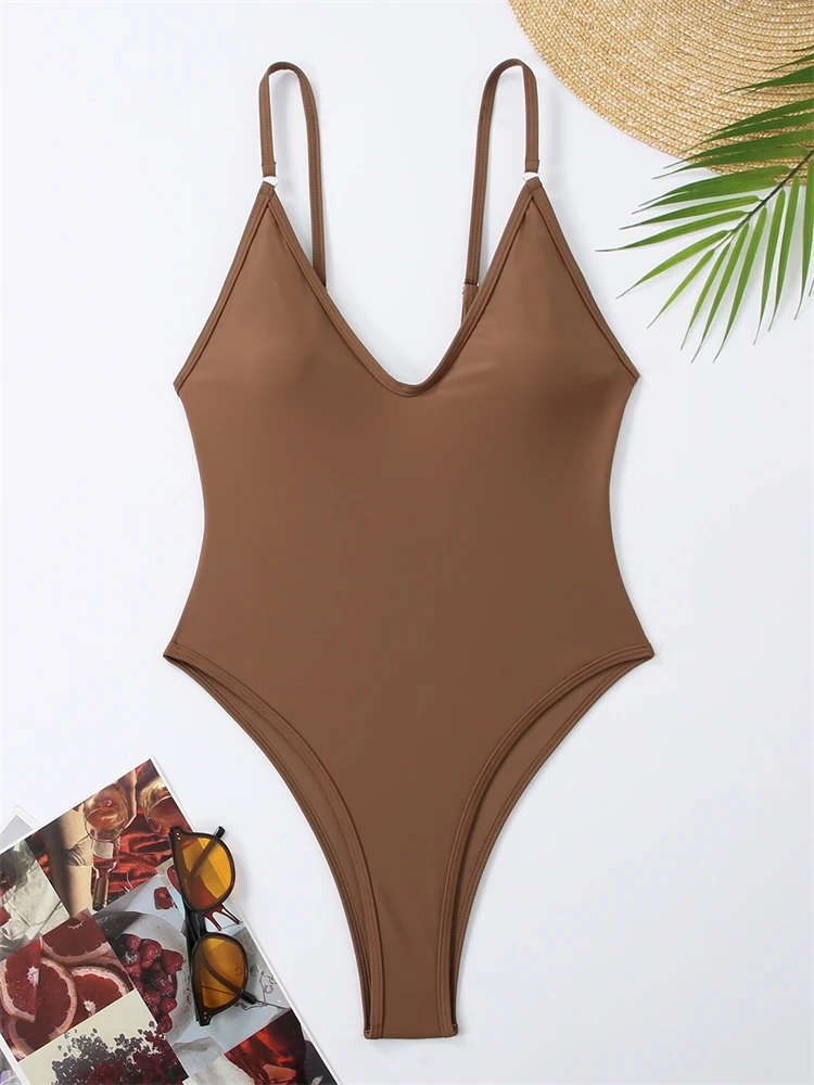 One Piece Swimsuit Women 2024 New Solid Sling V Neck Sexy Bodysuit Monokini Swimwear Summer Backless Beach Bathing Suit Female