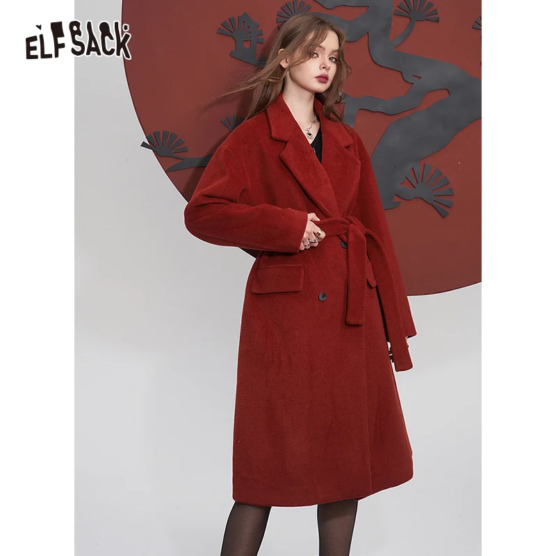 ELFSACK Red Warm Coats Women 2023 Winter Mid-length Christmas and New Year Outwears