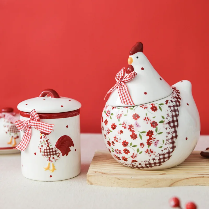 Tableware Red Floral Chicken Ceramic Sealed Jar Ceramic Storage Jar Creative Chicken Shaped Storage Jar Easter