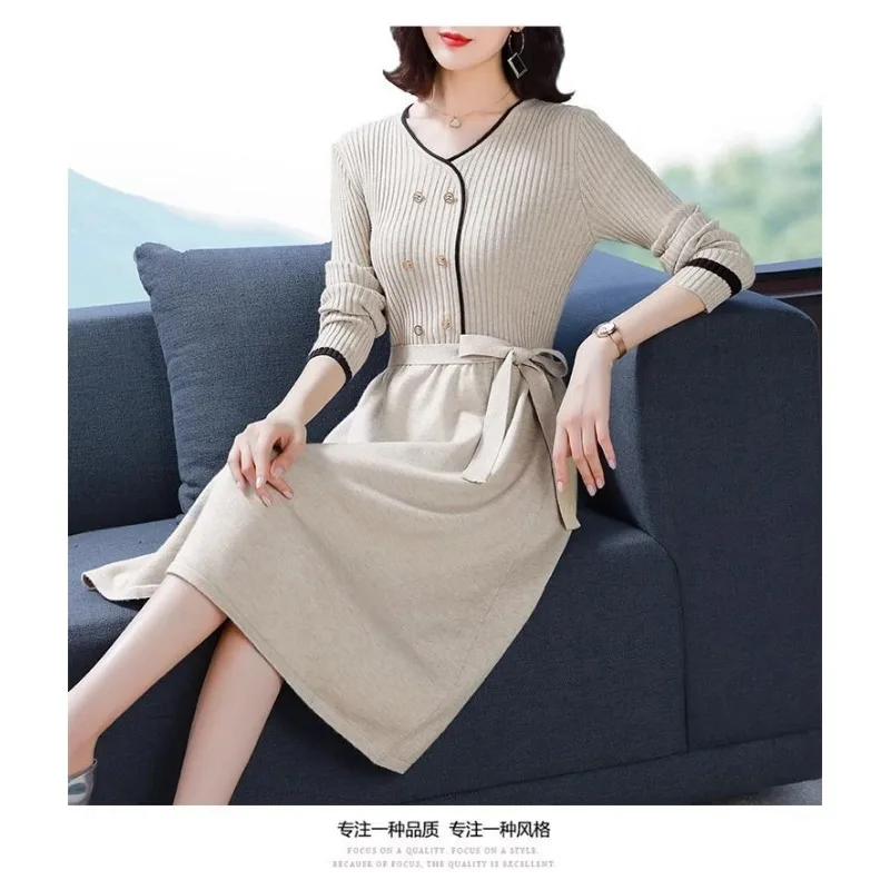 Vestido elegante que pega a cintura para a primavera e no outono com cinto para agasalhos e roupas íntimas com camada de base de malha