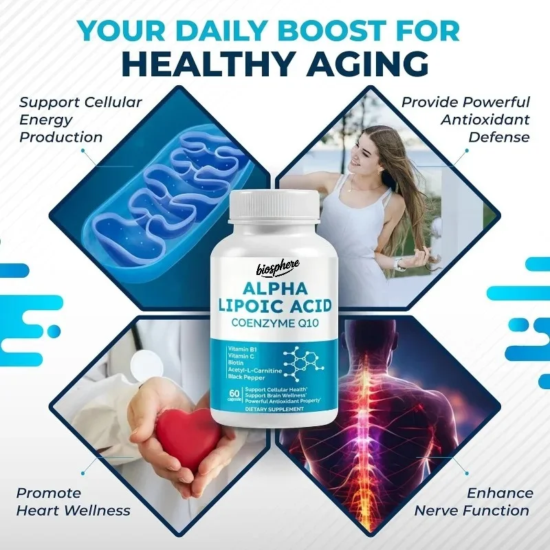 Alpha lipoic acid capsule containing coenzyme Q10, vitamin B, vitamin C, biotin, acetyl-L-carnitine - supports cellular health