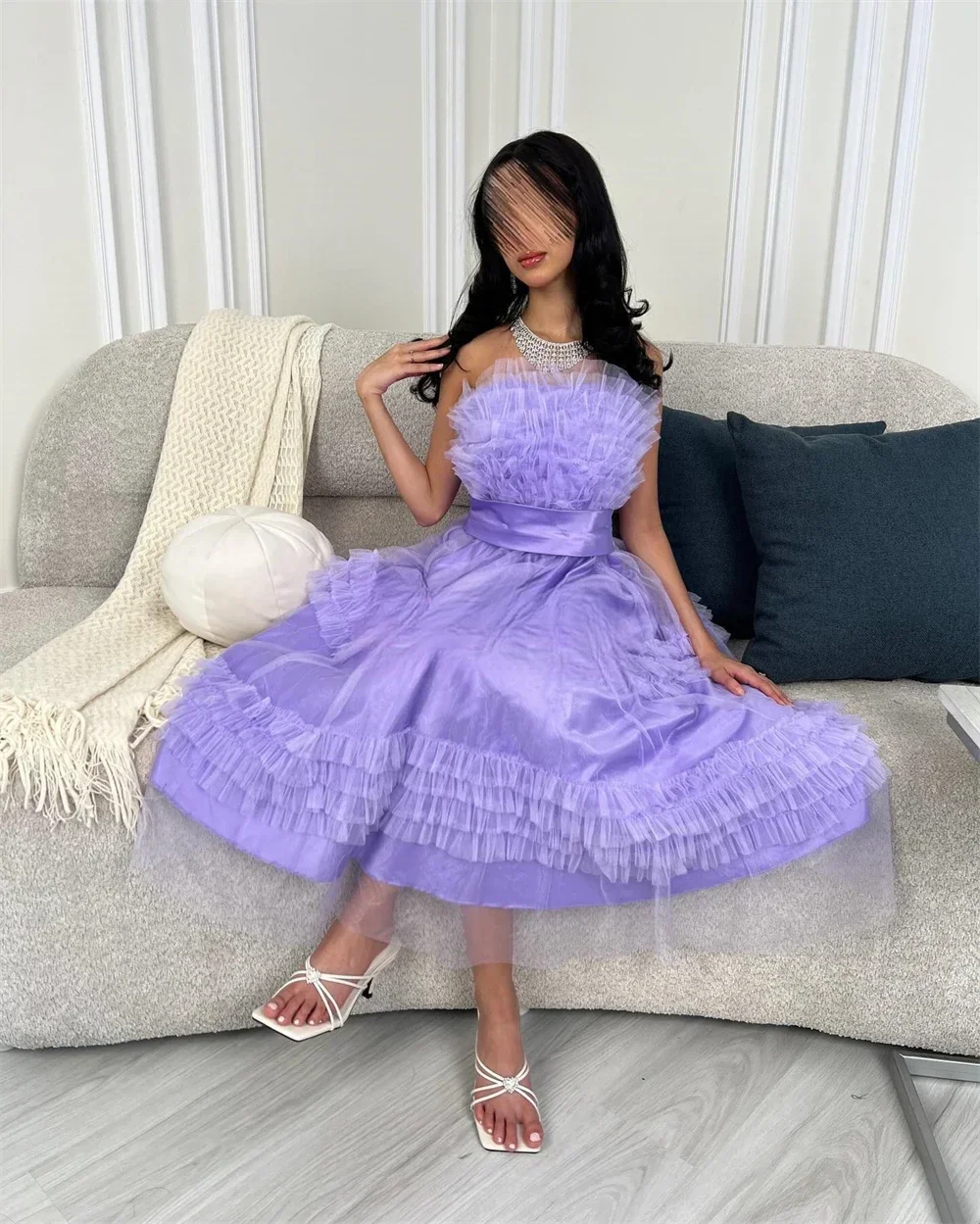 Customized Evening Gown Prom Dress Halter Ball Tea Length Ribbon Tulle Flouncing Bespoke Occasion Dresses Saudi Arabia Formal