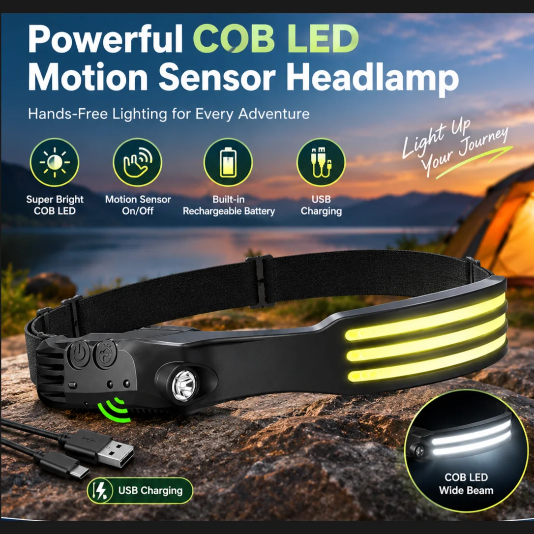 Powerful COB LED Induction Headlamp Built-in Battery USB Rechargeable Head Flashlight Outdoor Camping Fishing Riding Headlight